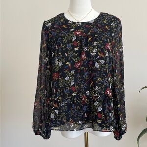 Madewell Floral Bird Print Long Sleeve Chiffon Peplum Blouse - Size Small